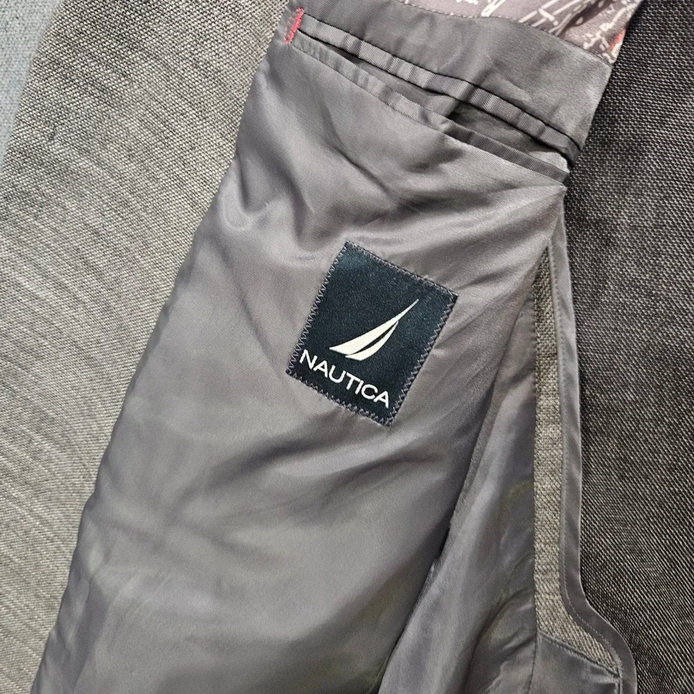Nautica Mens Grey Textured Two Button Sport Blazer 42R Map Lining Patch Pocket